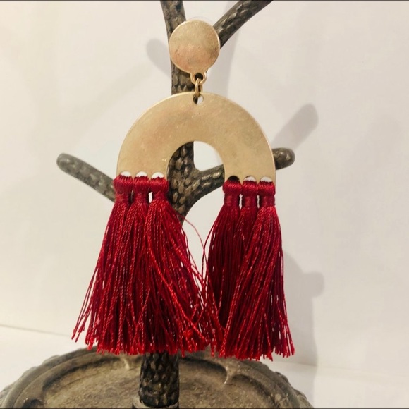 Gold Tone & Wine Red Tassel Drop Modern Earrings - Picture 5 of 5